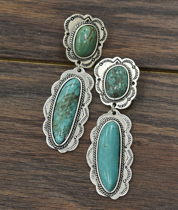 Long, Natural Turquoise Post Earrings