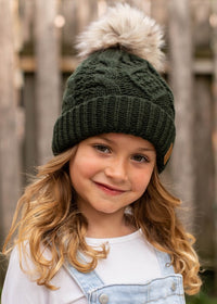 Kids Green Cable Knit Pom Beanie
