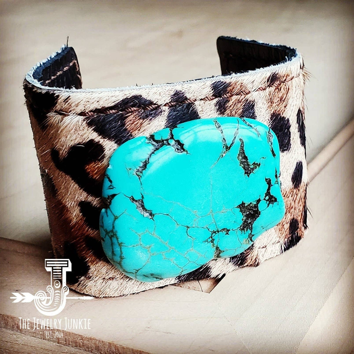 Leather Cuff with Tie - Leopard Hide and Turquoise Slab