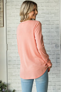 Waffle Knit V Neck- Coral + Mint