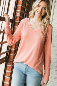 Waffle Knit V Neck- Coral + Mint