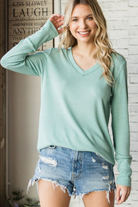 Waffle Knit V Neck- Coral + Mint