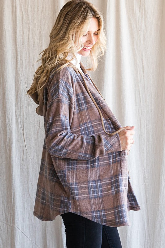 Brown Plaid Hooded Shacket