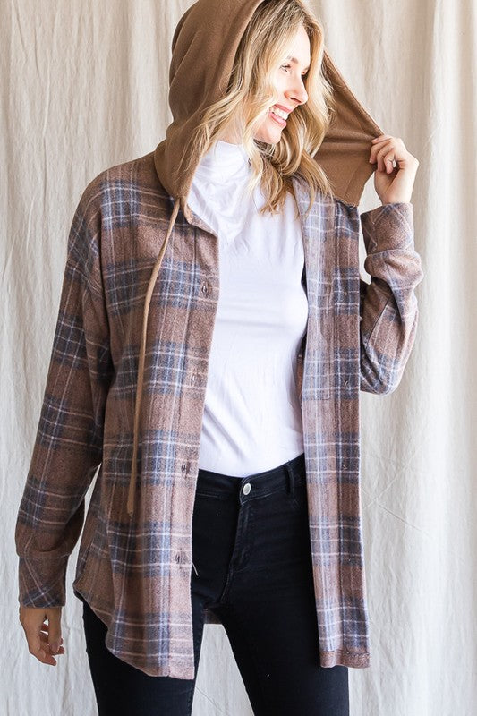 Brown Plaid Hooded Shacket