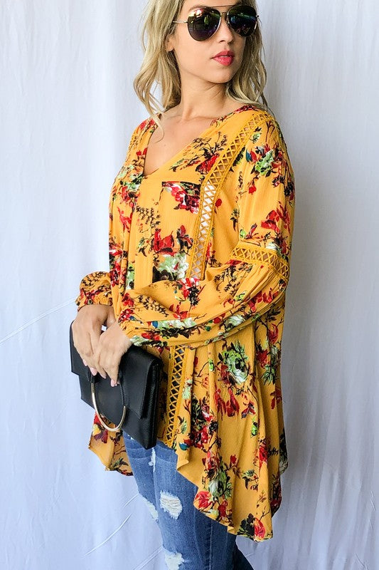 Floral Printed With Lace Trim Casual Tunic Top