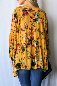 Floral Printed With Lace Trim Casual Tunic Top