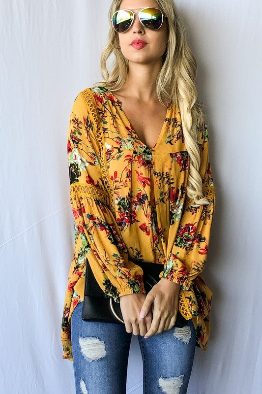 Floral Printed With Lace Trim Casual Tunic Top