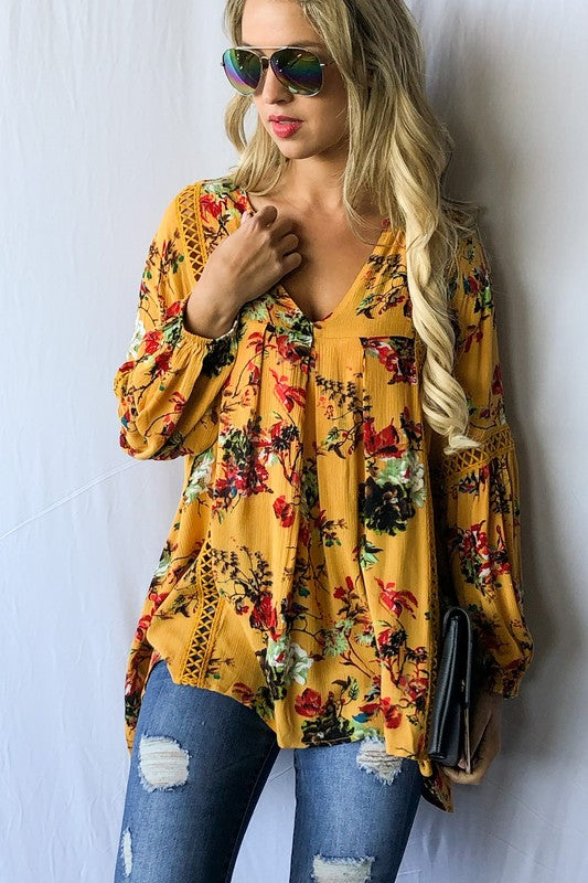 Floral Printed With Lace Trim Casual Tunic Top