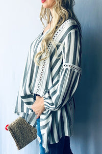 Stripe Lace Trim Casual Tunic Top