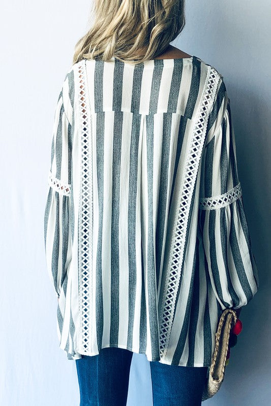 Stripe Lace Trim Casual Tunic Top