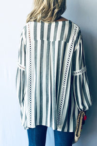 Stripe Lace Trim Casual Tunic Top