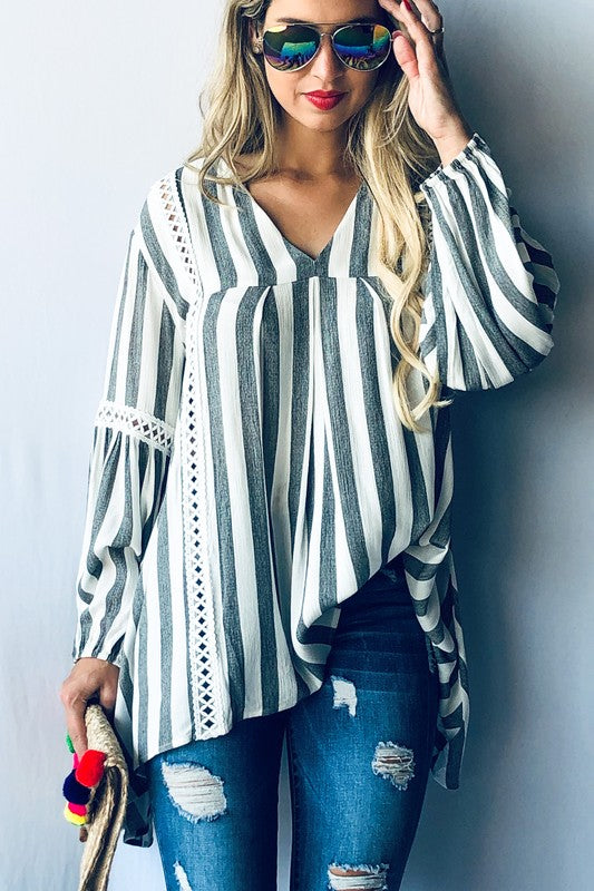 Stripe Lace Trim Casual Tunic Top