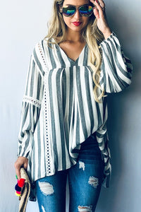Stripe Lace Trim Casual Tunic Top