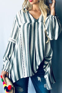 Stripe Lace Trim Casual Tunic Top