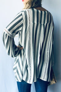 Stripe Lace Trim Casual Tunic Top