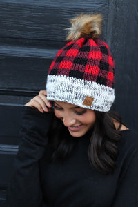 Red Buffalo Plaid Fleece Pom Beanie