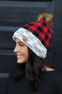 Red Buffalo Plaid Fleece Pom Beanie