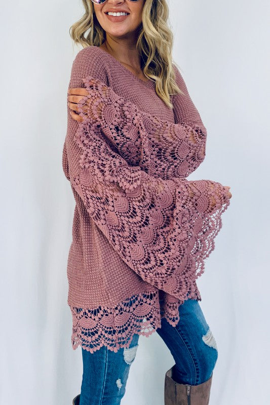Lace Detail Wide Bell Sleeve Textured Knit Tunic