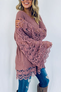 Lace Detail Wide Bell Sleeve Textured Knit Tunic