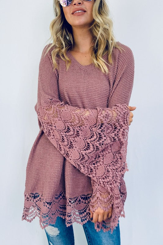 Lace Detail Wide Bell Sleeve Textured Knit Tunic