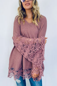 Lace Detail Wide Bell Sleeve Textured Knit Tunic