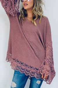 Lace Detail Wide Bell Sleeve Textured Knit Tunic