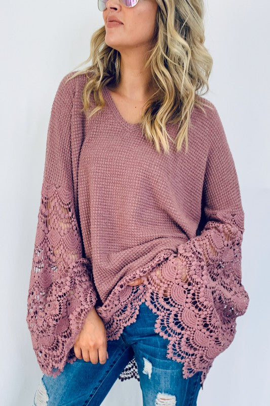 Lace Detail Wide Bell Sleeve Textured Knit Tunic