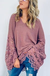 Lace Detail Wide Bell Sleeve Textured Knit Tunic