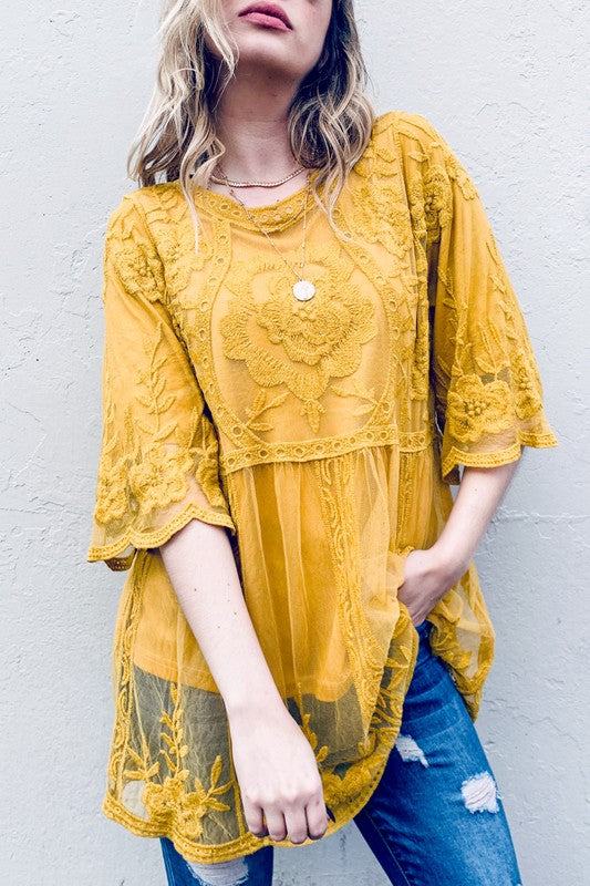 Floral Embroidered Mesh Tunic Top