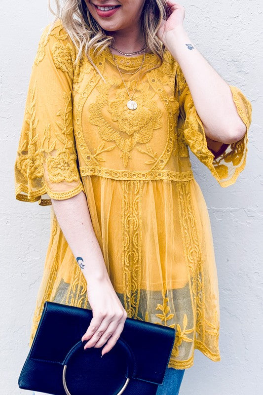 Floral Embroidered Mesh Tunic Top
