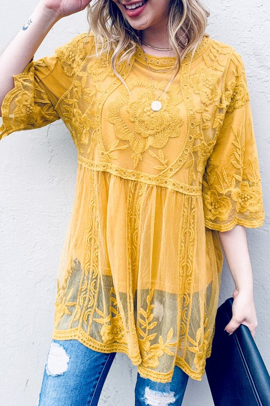Floral Embroidered Mesh Tunic Top