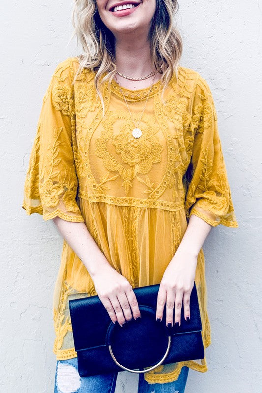Floral Embroidered Mesh Tunic Top