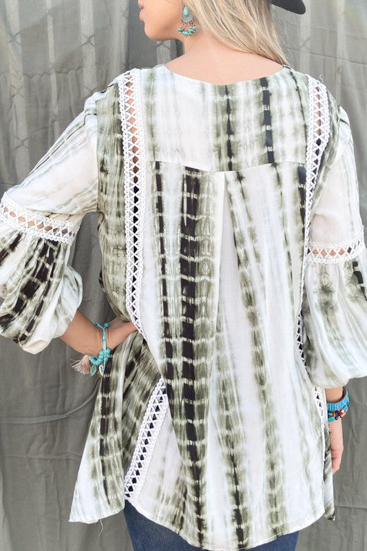 Tie Dye, Aztec Printed Lace Detail Tunic Top
