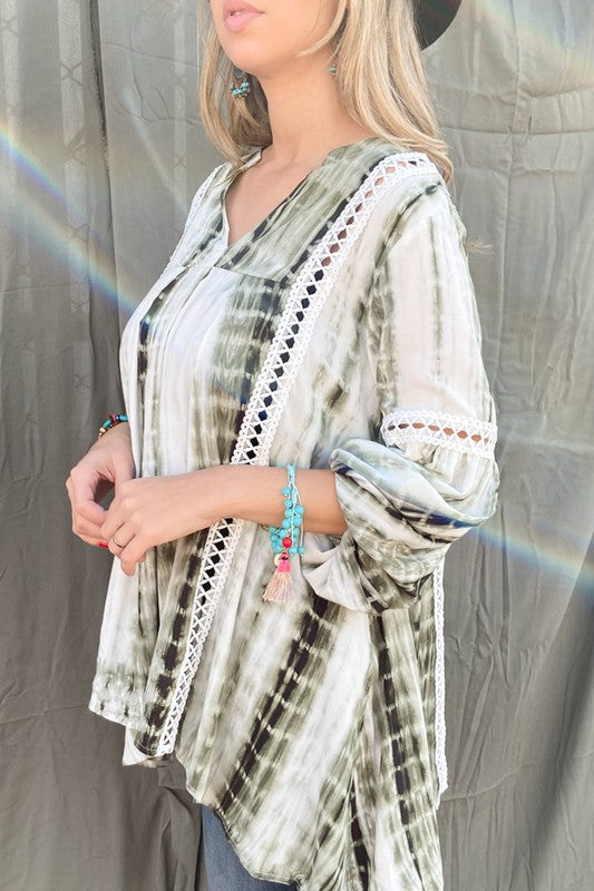 Tie Dye, Aztec Printed Lace Detail Tunic Top