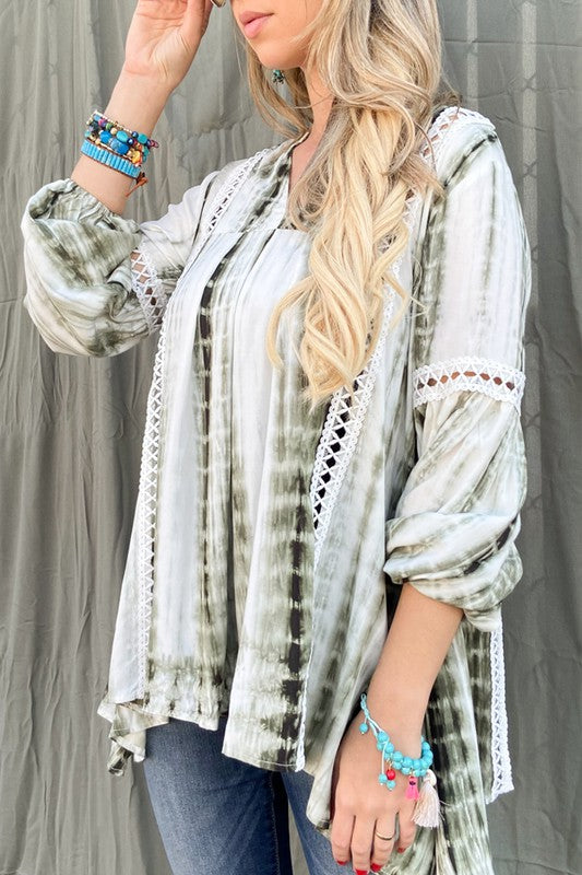 Tie Dye, Aztec Printed Lace Detail Tunic Top