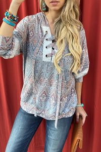 Aztec Printed Lace Up Pullover Knit Hoodie