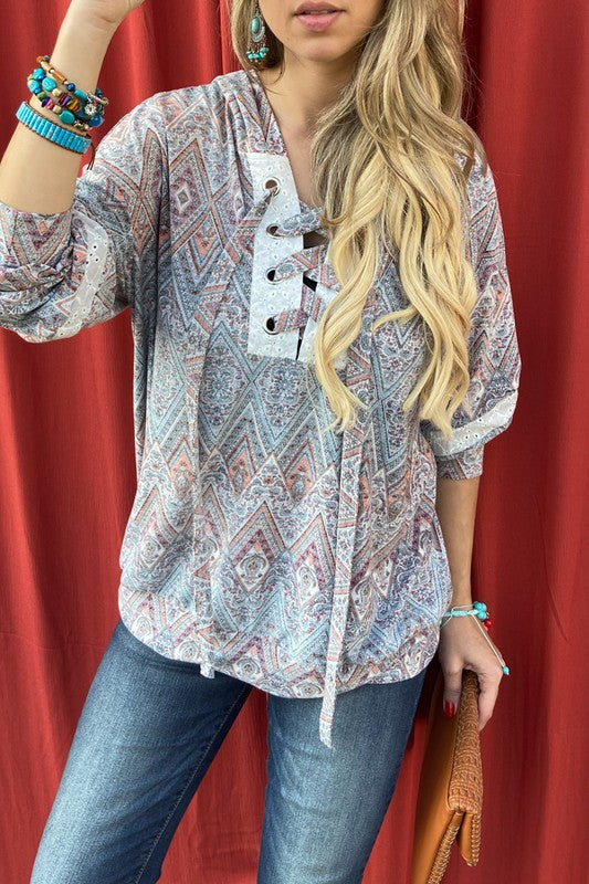 Aztec Printed Lace Up Pullover Knit Hoodie