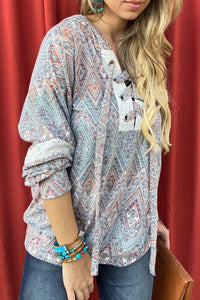 Aztec Printed Lace Up Pullover Knit Hoodie