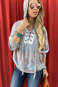 Aztec Printed Lace Up Pullover Knit Hoodie