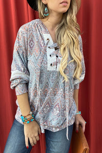 Aztec Printed Lace Up Pullover Knit Hoodie