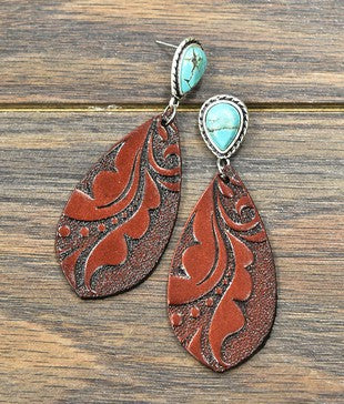 Tooling Leather Natural Turquoise Post Earrings