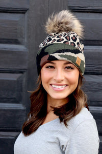 Fleece Camo/Leopard Pom Beanie