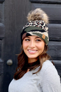 Fleece Camo/Leopard Pom Beanie