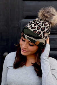 Fleece Camo/Leopard Pom Beanie