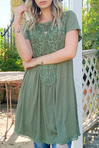 Lace Trim Short Sleeve Midi Dress