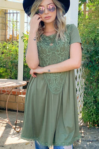 Lace Trim Short Sleeve Midi Dress