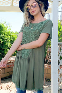 Lace Trim Short Sleeve Midi Dress
