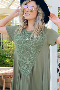 Lace Trim Short Sleeve Midi Dress
