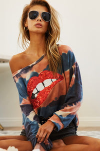 TIE DYE FRENCH TERRY WITH SEQUINS LIP PATCH