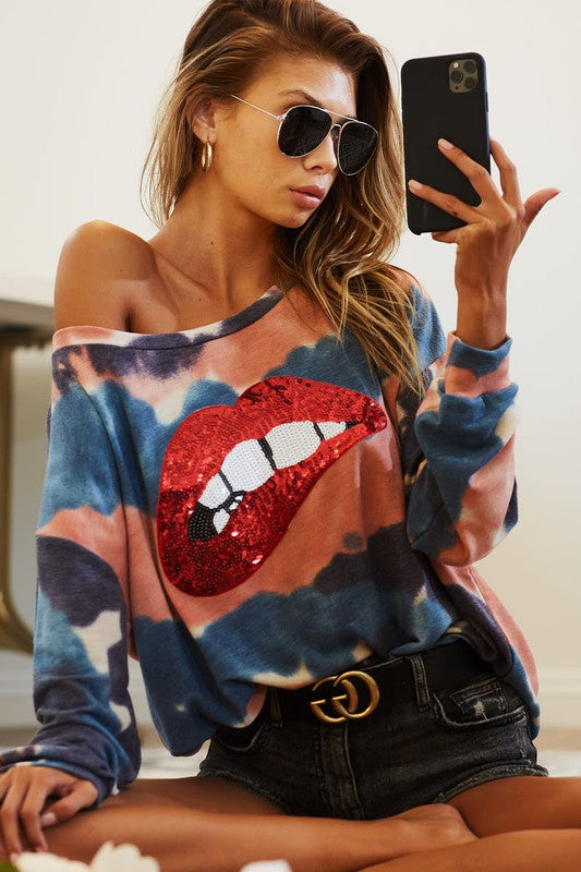 TIE DYE FRENCH TERRY WITH SEQUINS LIP PATCH